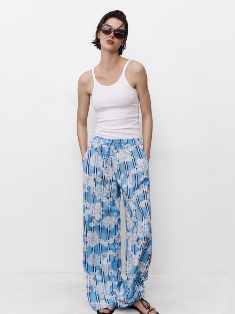NWT Zara Woman STRIPED PRINT WIDE LEG PANTS Floral Size M Medium
